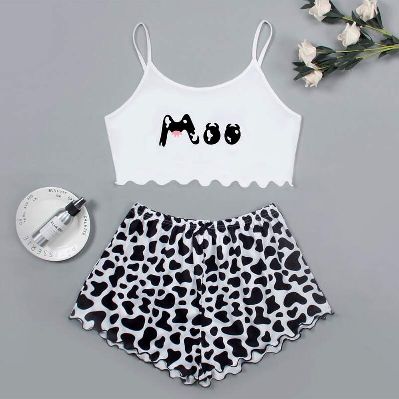 

Cow And Letter Graphic Cami Pajama Set, Black and white