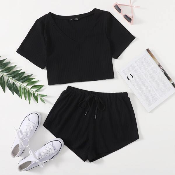 

V-neck Rib-knit Tee & Track Shorts Set, Black