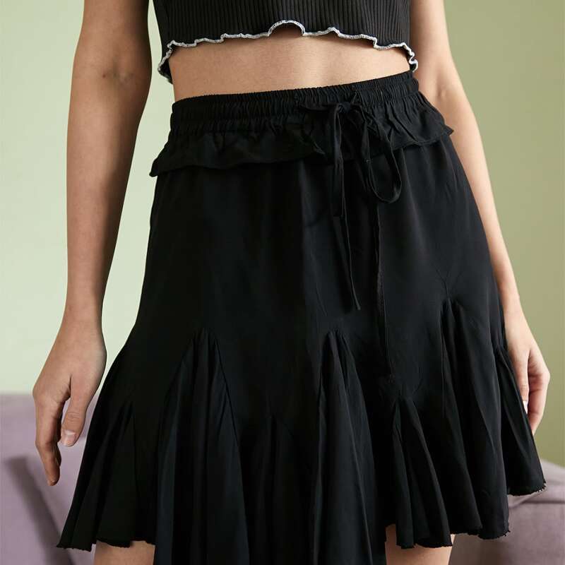 

Tie Front Ruffle Hem Skirt, Black