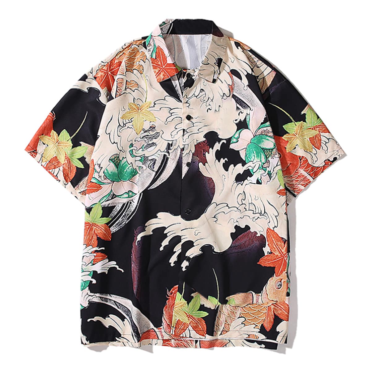 

Guys Maple Leaf And Fish Print Shirt, Multicolor