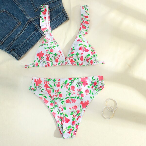 

Floral Ruffle Trim Bikini Swimsuit, Multicolor