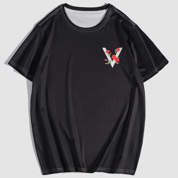 

Men Rose Print Short Sleeve Tee, Black