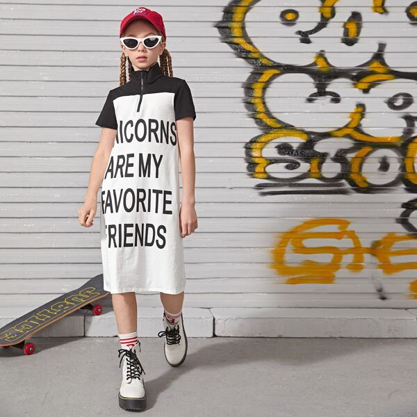 

Girls Zip Half Placket Slogan Graphic Two Tone Dress, White
