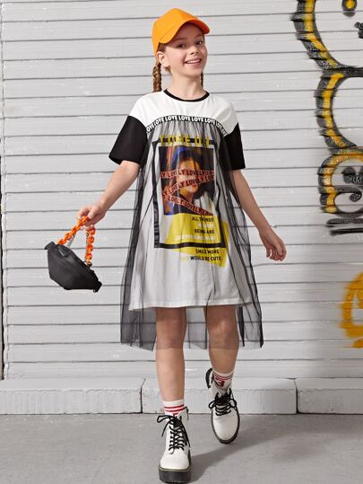SHEIN 女孩字母織帶人像圖案網紗覆蓋連衣裙