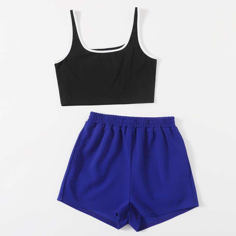 

Contrast Binding Crop Tank Top & Shorts, Multicolor