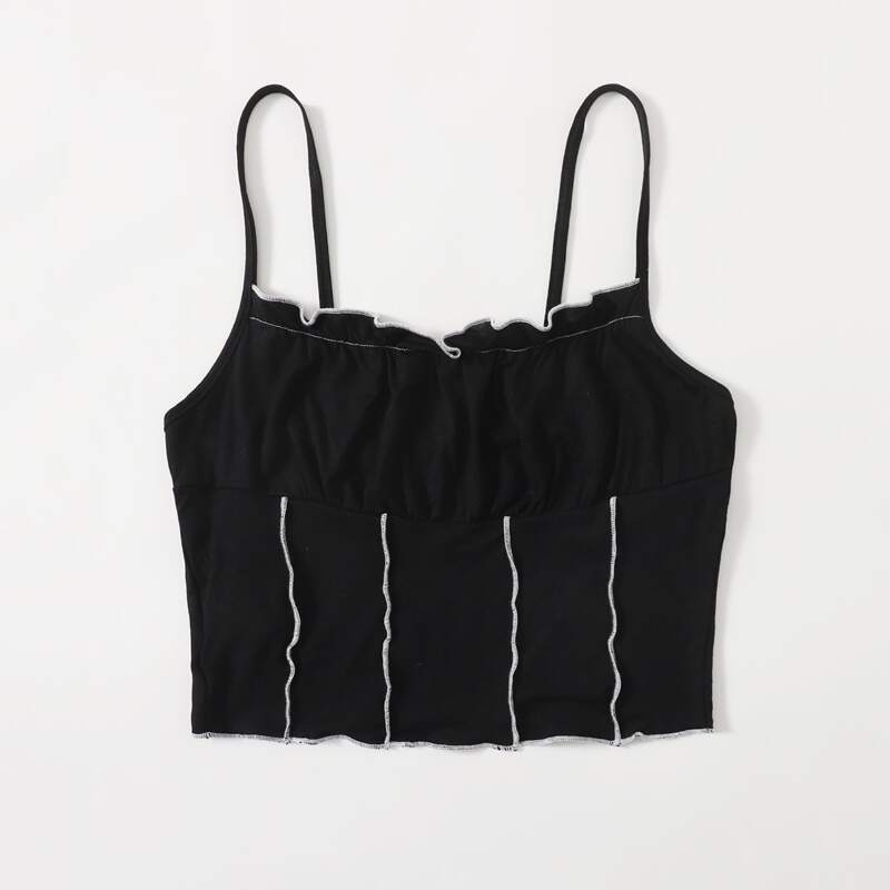 

Contrast Stitching Ruched Crop Cami, Black