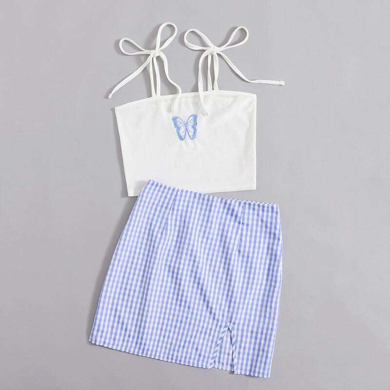 

Butterfly Embroidery Crop Cami Top & Gingham Skirt, Blue and white