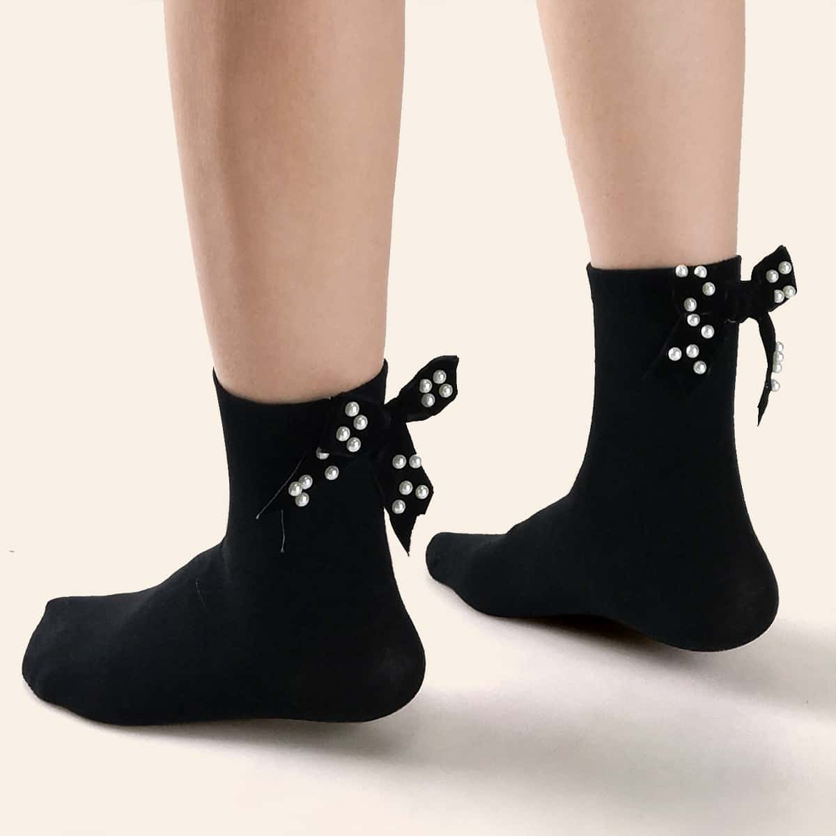 

1pair Faux Pearl Bow Decor Socks, Black