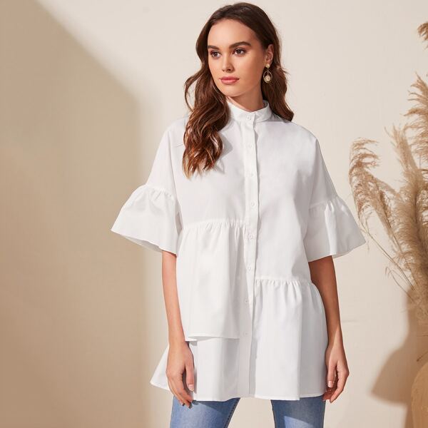 

Flounce Sleeve Ruffle Hem Solid Blouse, White