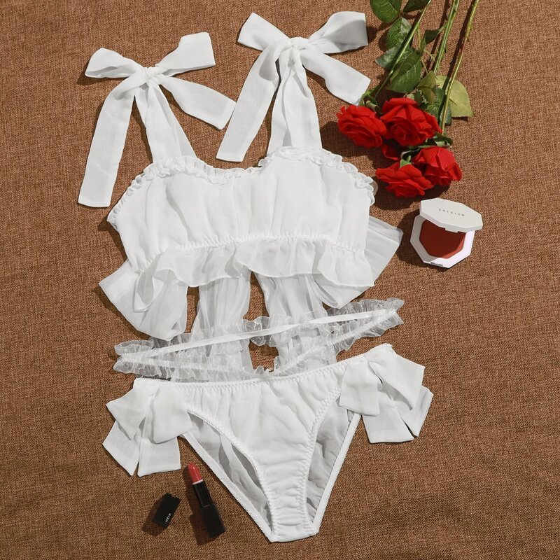 Solid Tie Shoulder Ruffle Lingerie Set, White