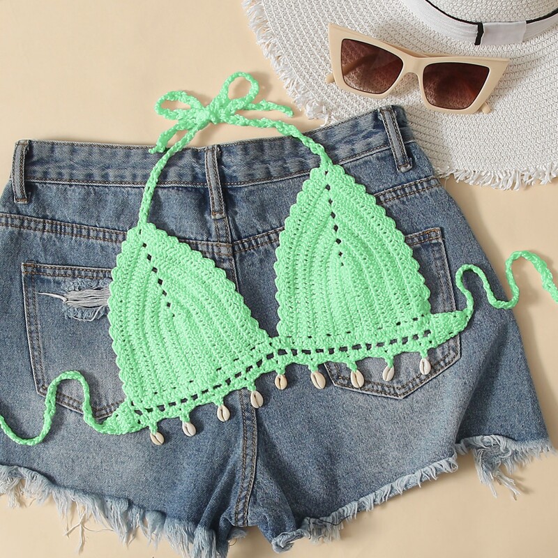 

Crochet Shell Halter Bikini Top, Mint green
