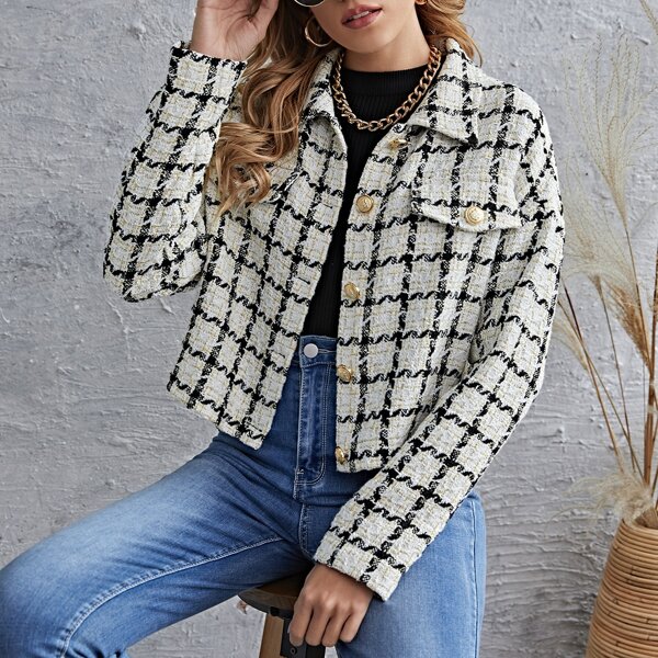 

Flap Detail Tweed Jacket, Black and white