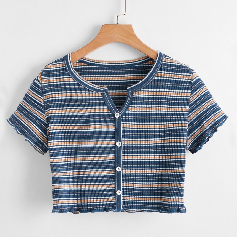 

Button Front Striped Tee, Multicolor