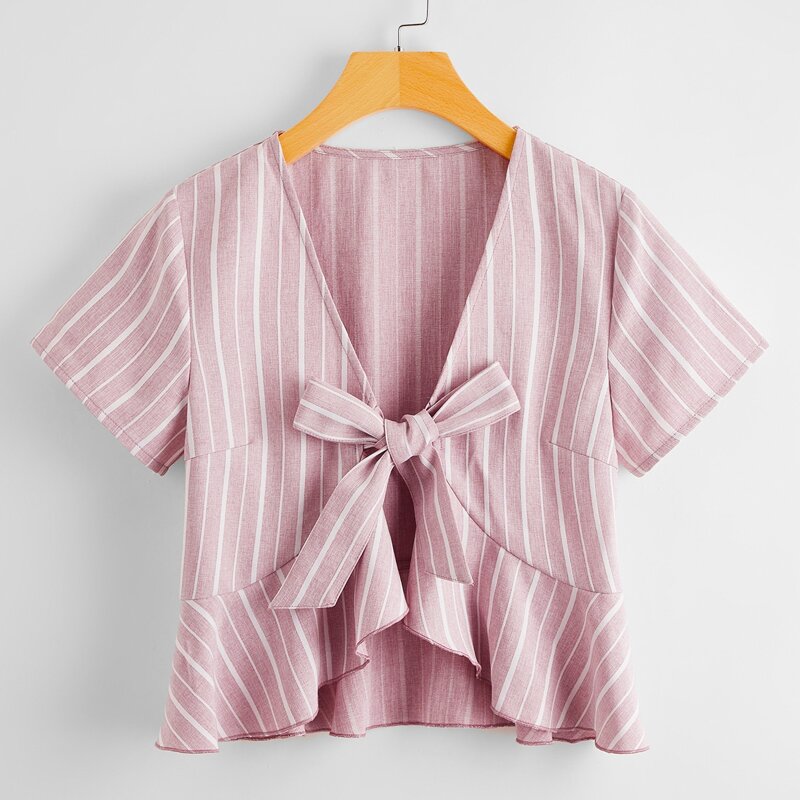 

Striped Tie Front Ruffle Hem Top, Dusty pink