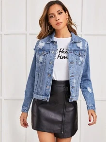 SHEIN Essnce Ripped Topstitching Denim Jacket - Medium Wash - View 1