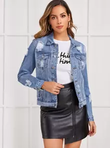 SHEIN Essnce Ripped Topstitching Denim Jacket - Medium Wash - View 2