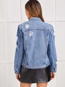 SHEIN Essnce Ripped Topstitching Denim Jacket - Medium Wash - View 3