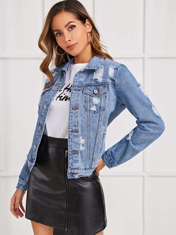 SHEIN Essnce Ripped Topstitching Denim Jacket - Medium Wash - View 5