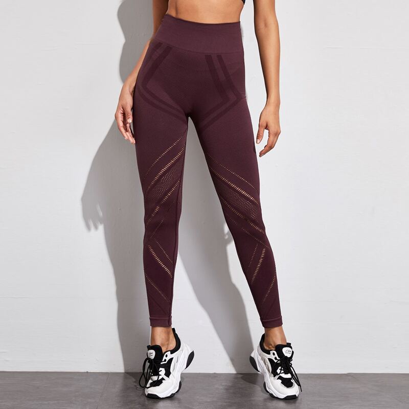 

Solid Laser Cut Out Seamless Sports Leggings, Maroon