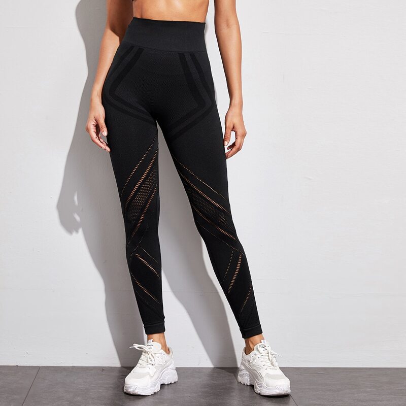 

Solid Laser Cut Out Seamless Sports Leggings, Black