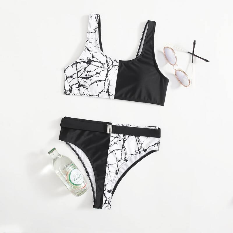 

Marble Pattern Spliced Bikini Swimsuit, Black and white