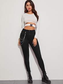 SHEIN Essnce Jeans ajustados unicolor con diseño de cadena - Negro - Ver 3