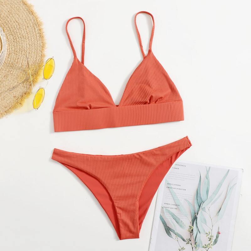

Ribbed Triangle Bikini Swimsuit, Red