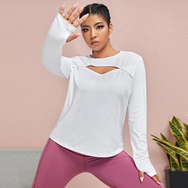

Plus Solid Cut Out Front Sports Tee With Thumbhole, White