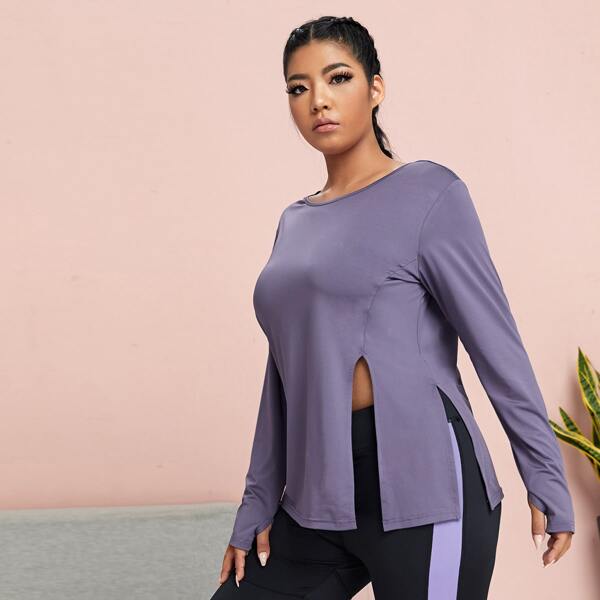 

Plus Thumb Holes Split Hem Sports Tee, Violet purple