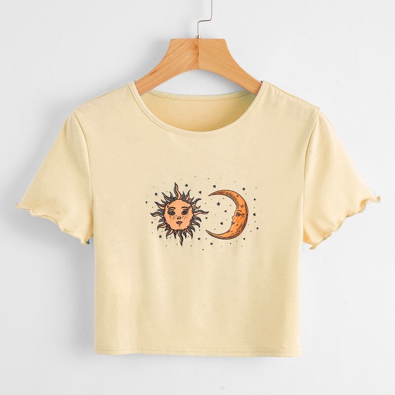 

Sun & Moon Graphic Crop Tee, Beige