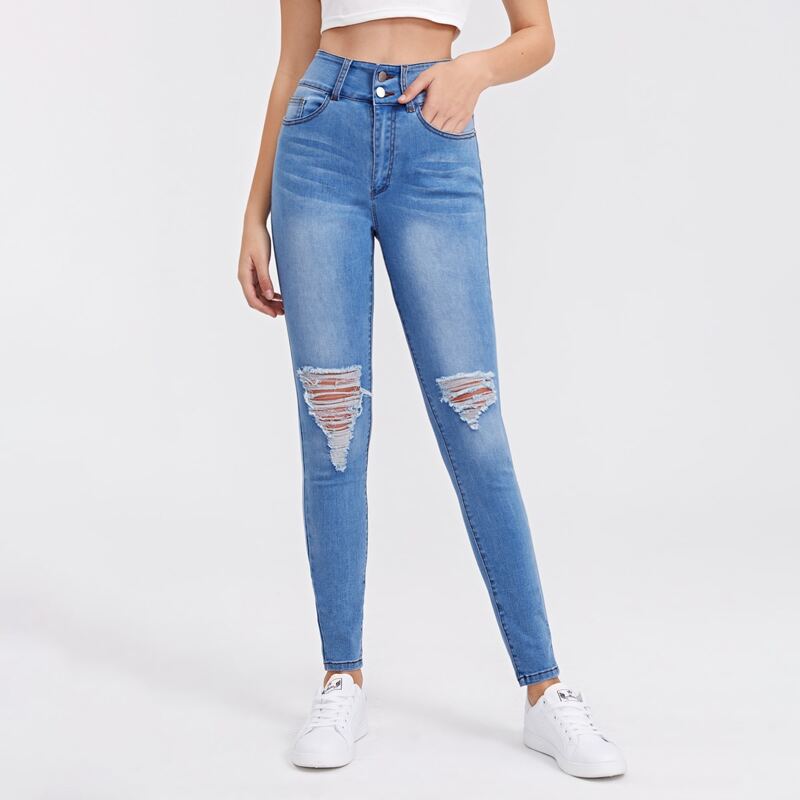

High Waist Ripped Skinny Jeans, Light wash