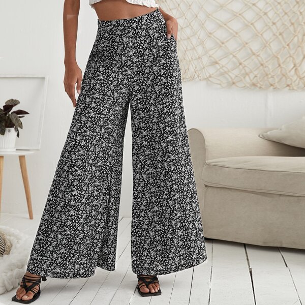 

Ditsy Floral Wide Leg Pants, Black and white