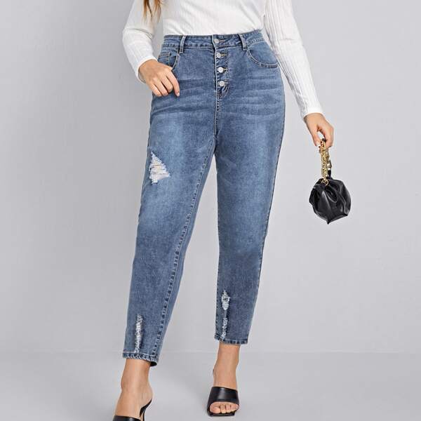 

Plus High Waist Ripped Button Fly Jeans, Light wash