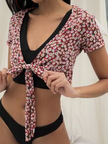 Ditsy Floral Tie Front Crop Top - Multicolor - View 1