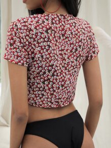 Ditsy Floral Tie Front Crop Top - Multicolor - View 2
