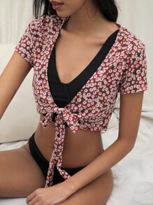 Ditsy Floral Tie Front Crop Top - Multicolor - View 3