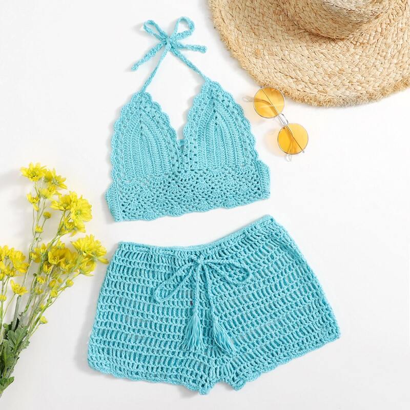 

Solid Crochet Tie Front Bikini Swimsuit, Baby blue