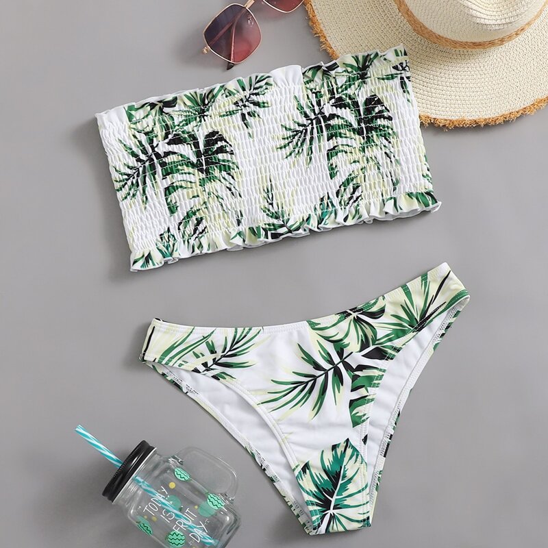 

Tropical Leaf Print Shirred Bikini Swimsuit, Multicolor