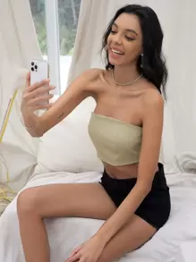 SHEIN Unity Top tubo de espalda con cordón de cinta - Caqui - Ver 6