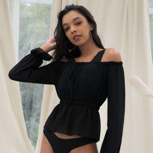 

Off Shoulder Flounce Sleeve Peplum Top Without Cami, Black