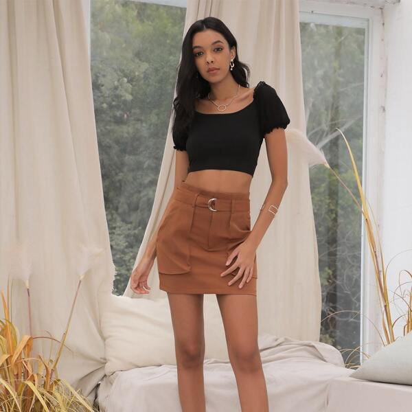 

Frill Trim Puff Sleeve Crop Top, Black