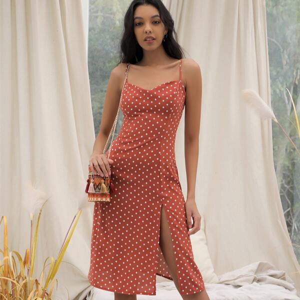 

Split Thigh Polka Dot Print Cami Dress, Redwood