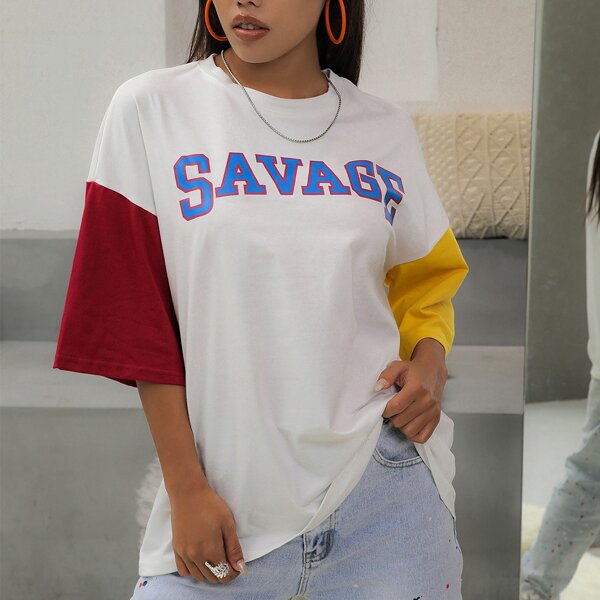 

Drop Shoulder Colorblock Letter Graphic Tee, White