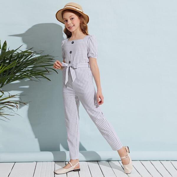 

Girls Square Neck Buttoned Front Self Belted Striped Jumpsuit, White
