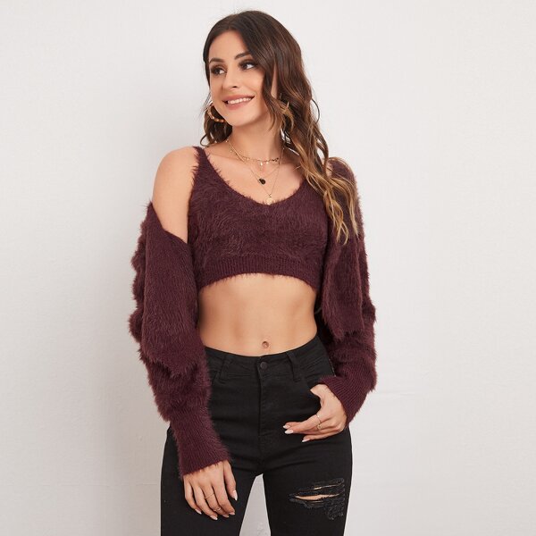 

Single Button Fuzzy Crop Cardigan With Knit Top, Maroon