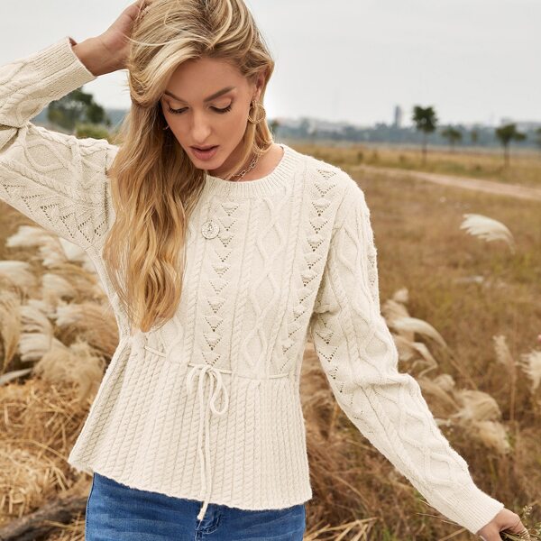 

Drawstring Knot Diamond & Cable Knit Peplum Sweater, Beige