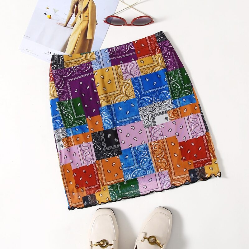 

Lettuce Trim Patchwork Print Mesh Skirt, Multicolor