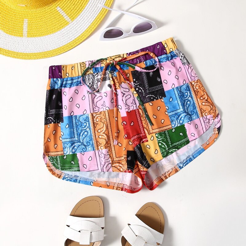 

Knot Waist Patchwork Print Shorts, Multicolor