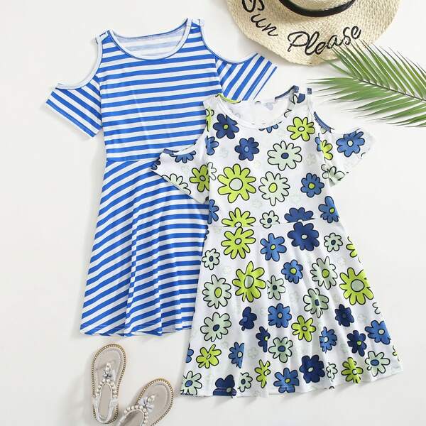 

Girls 2 Pack Floral And Striped Cold Shoulder Dress, Multicolor