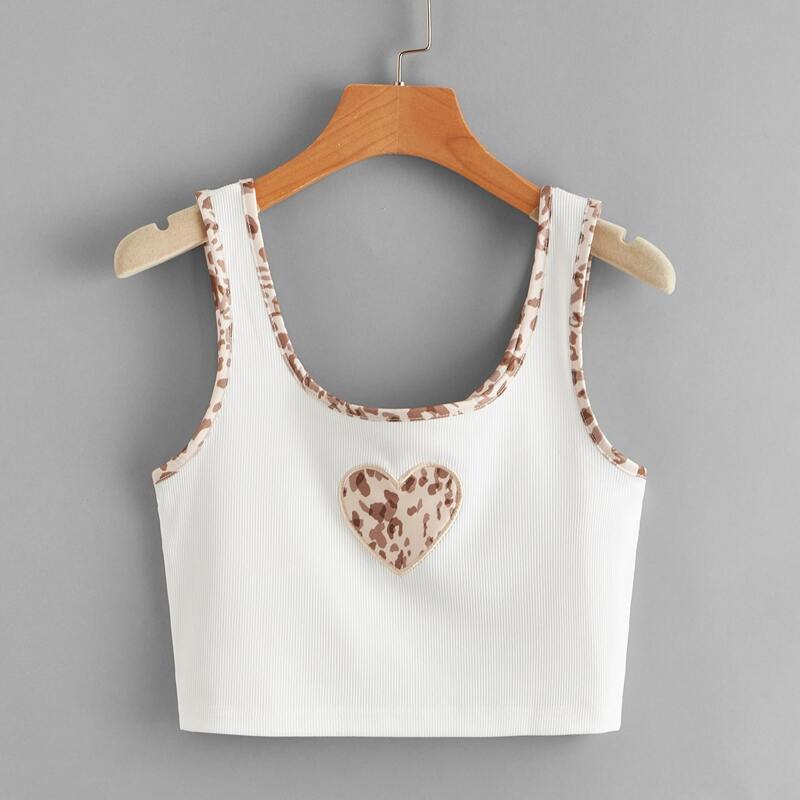 

Leopard-Binding Heart Crop Tank Top, White